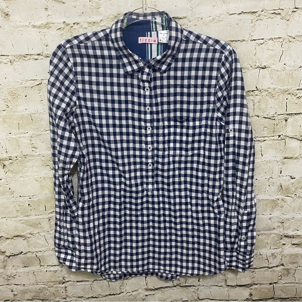 Tizzie Blue White Plaid Cotton Tab Sleeve Popover Top